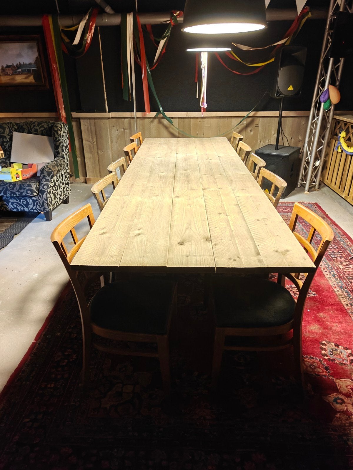 Grote houten eettafel met 10 stoelen, Ophalen, Gebruikt, 200 cm of meer, 50 tot 100 cm