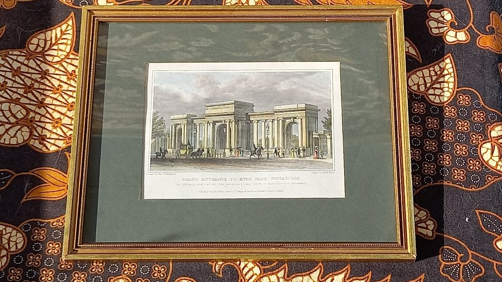 Mooie antieke Engelse ingelijste gravure van Hyde park., Handgekleurd, 1800 - 1899, Stadsgezicht, Ophalen of Verzenden