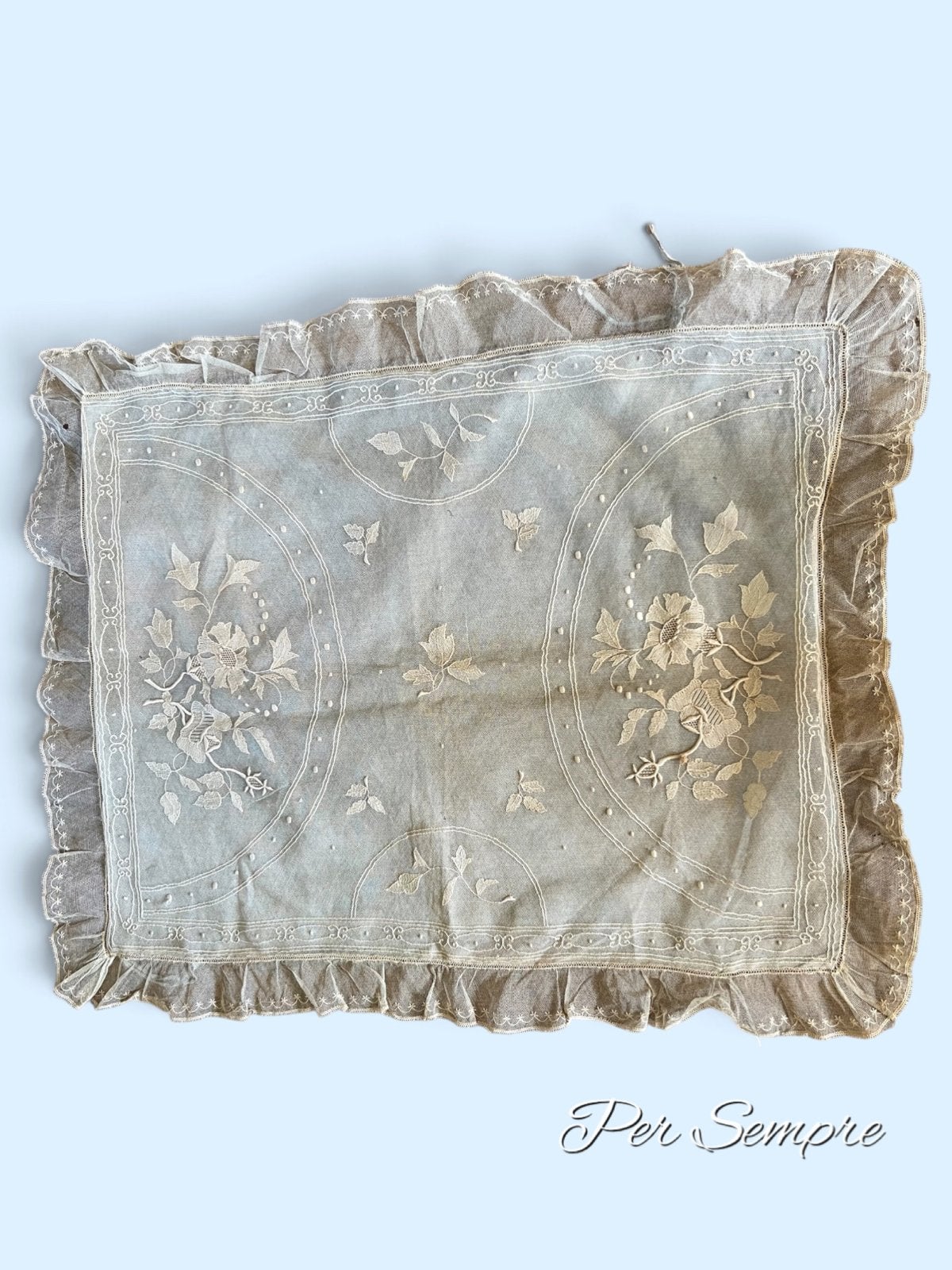 Per Sempre , Prachtige Grote Antieke Kanten Kussen hoes, Antiek en Kunst, Antiek | Woonaccessoires, Ophalen of Verzenden