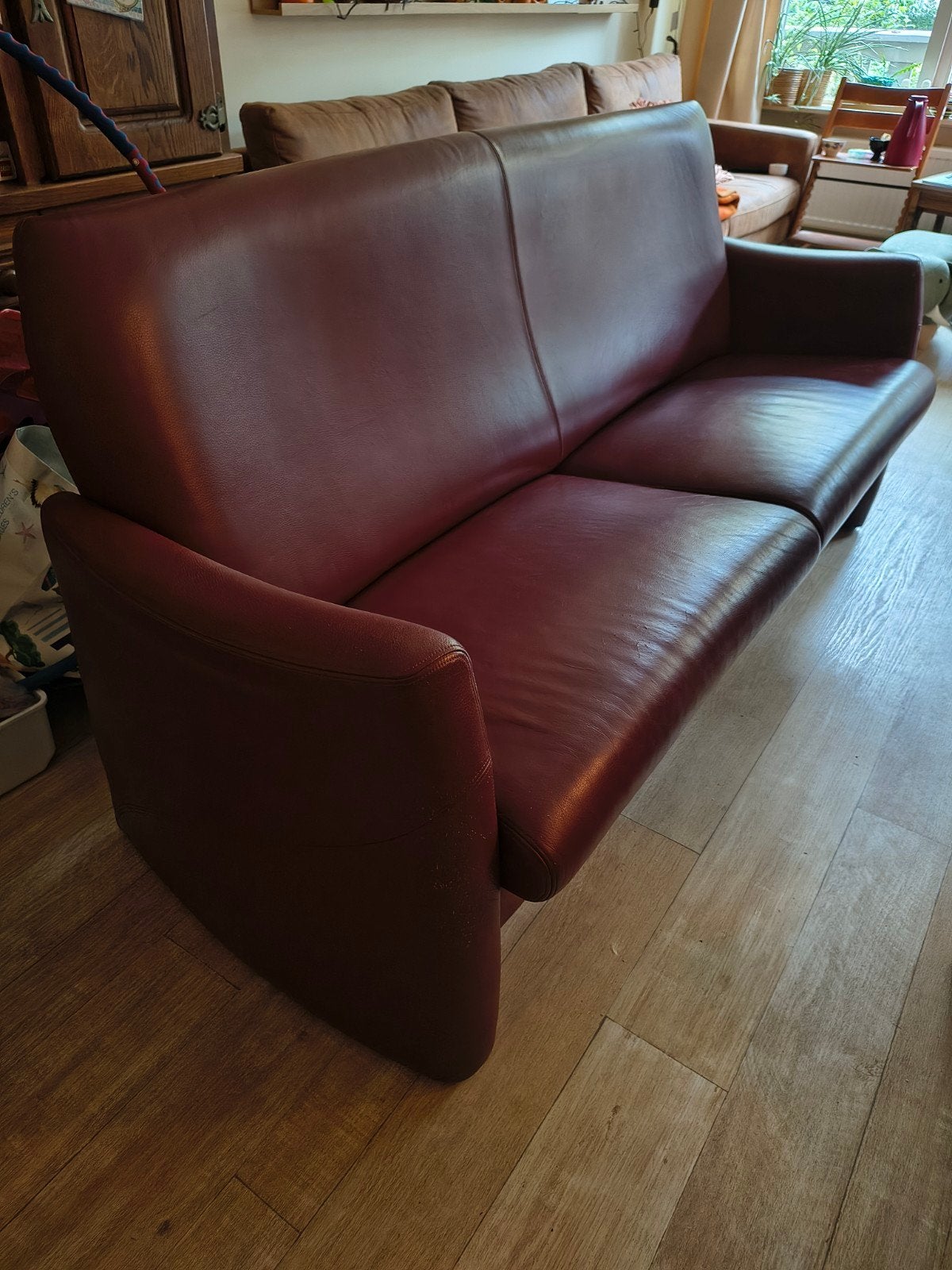 Bordeauxrode 3-zits leren bank - 185 cm breed, Huis en Inrichting, Gebruikt, Minder dan 75 cm, 150 tot 200 cm, Driepersoons