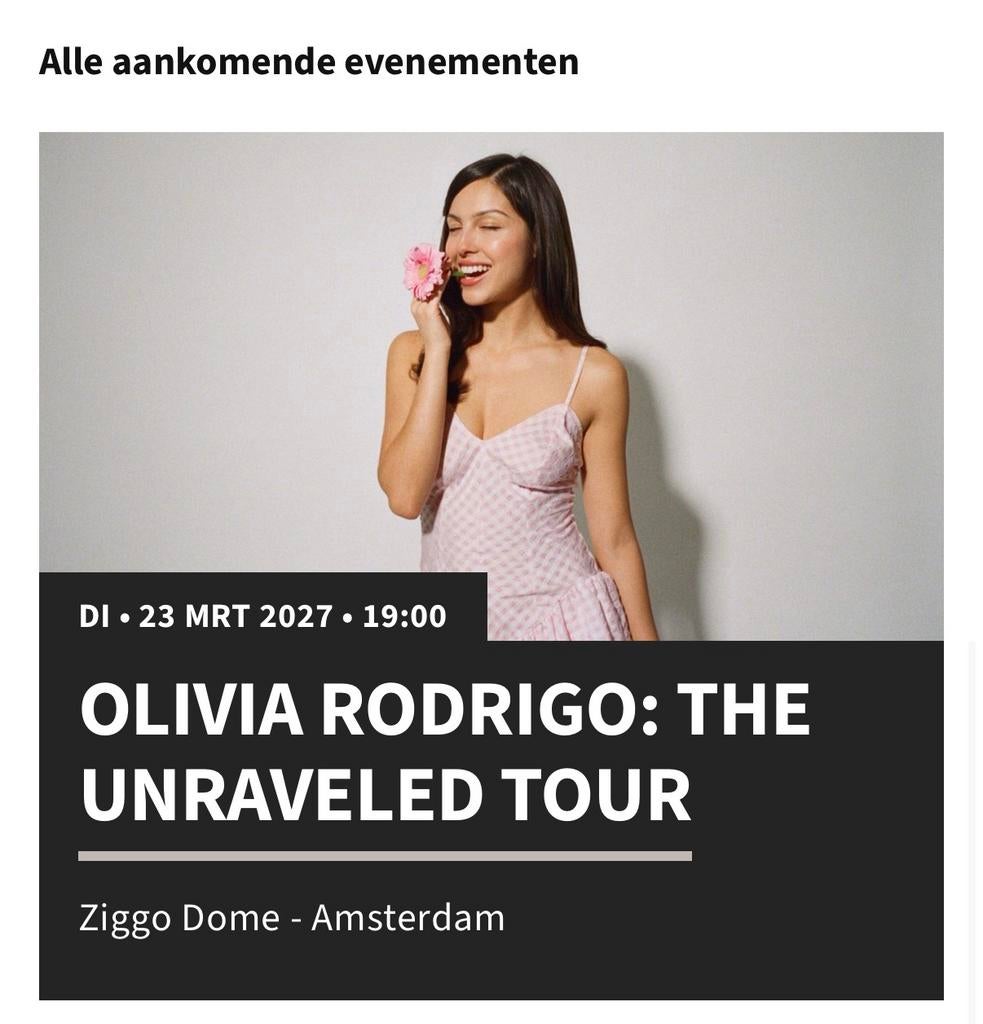 1x Olivia Rodrigo The Unraveled Tour 23 maart ticket, Eén persoon, Maart