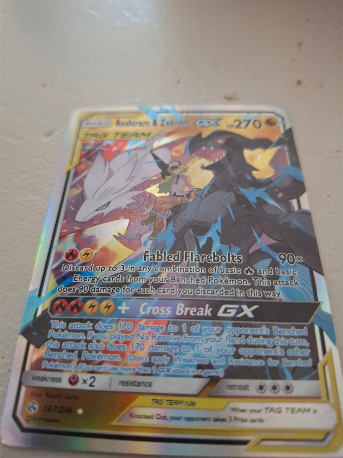 Pokémon Reshiram & Zekrom GX 270 TAG TEAM kaart, Hobby en Vrije tijd, Ophalen of Verzenden, Zo goed als nieuw, Losse kaart, Foil