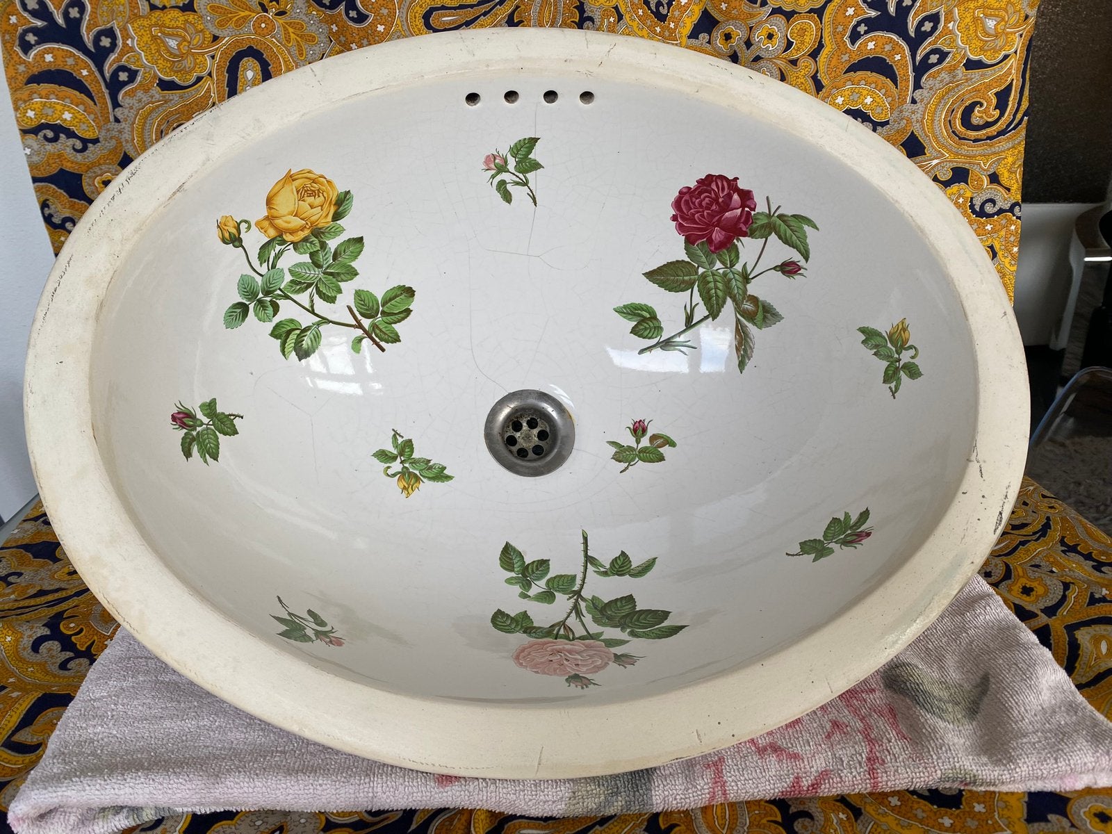ANTIEKE PORSELEINEN WASTAFEL (PORCELAINE de PARIS)., Ophalen of Verzenden, Gebruikt, Steen, Wastafel