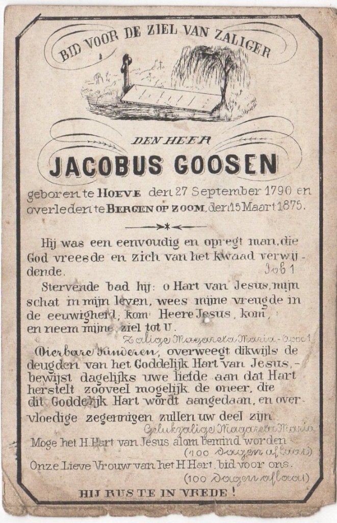 Jacobus Goosen 1790 Hoeven + 1875 Bergen op Zoom, 84 jaar, Verzenden