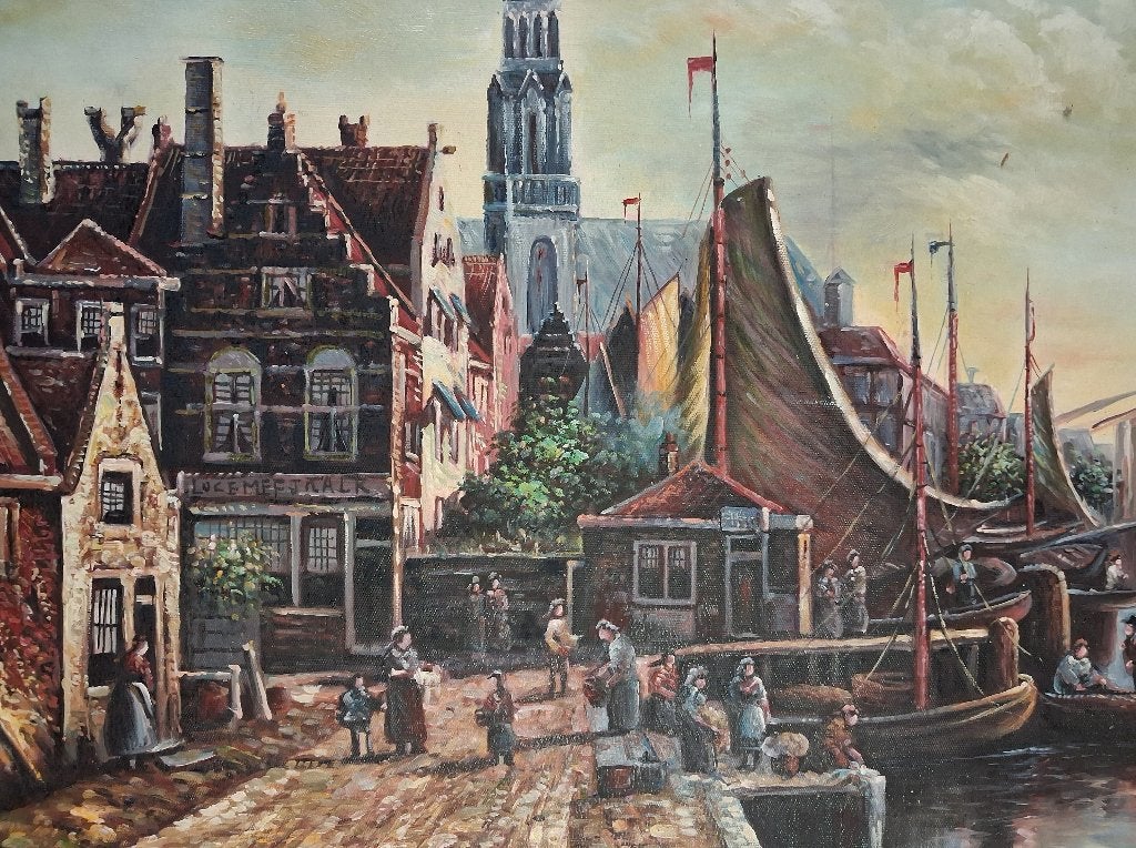 ouderwets havengezicht, Antiek en Kunst, Doek, Ophalen of Verzenden, Landschap, Olieverf