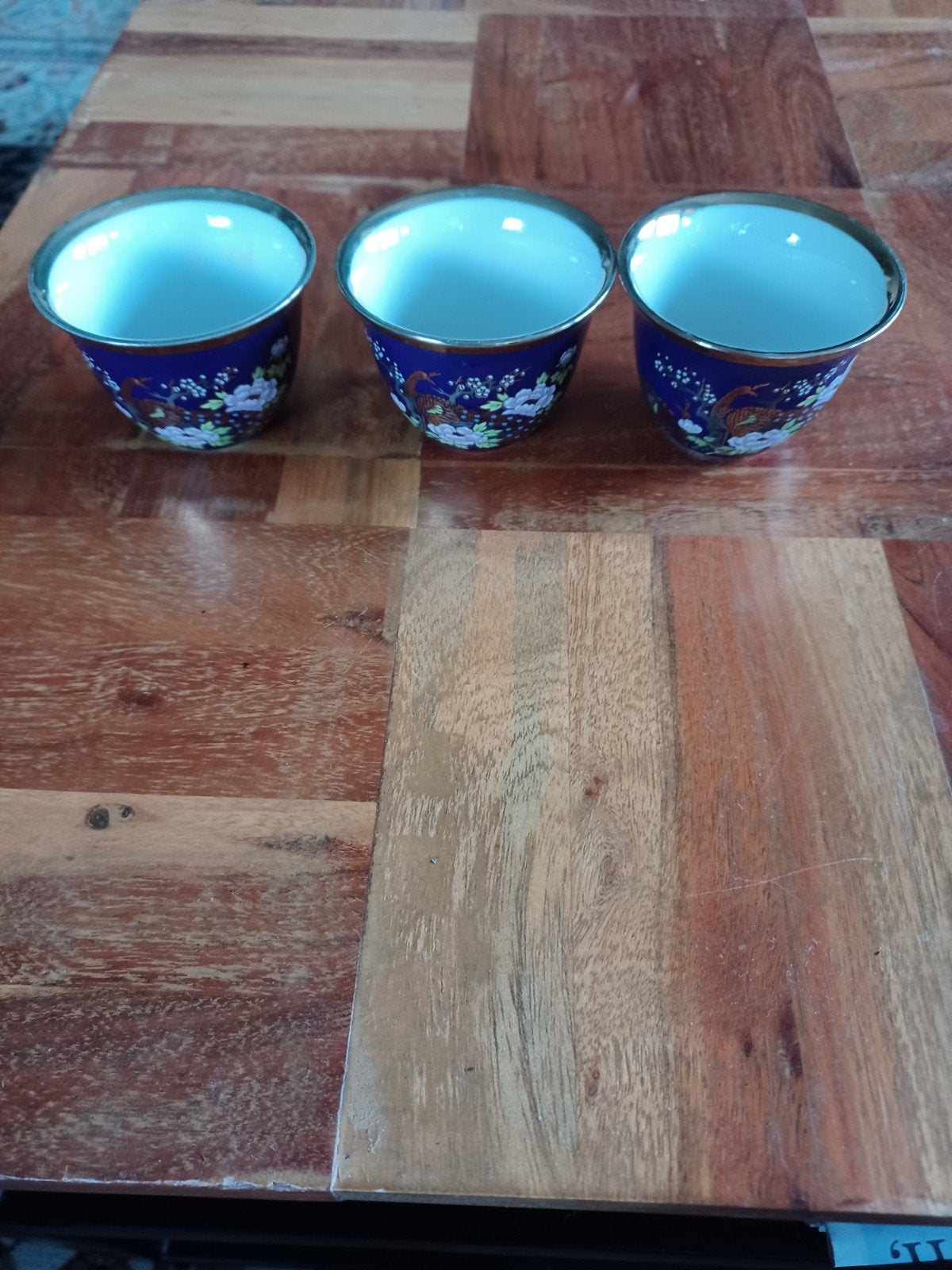 Set van 3 blauwe Chinese theekopjes met pauwdecoratie, Antiek en Kunst, Verzenden
