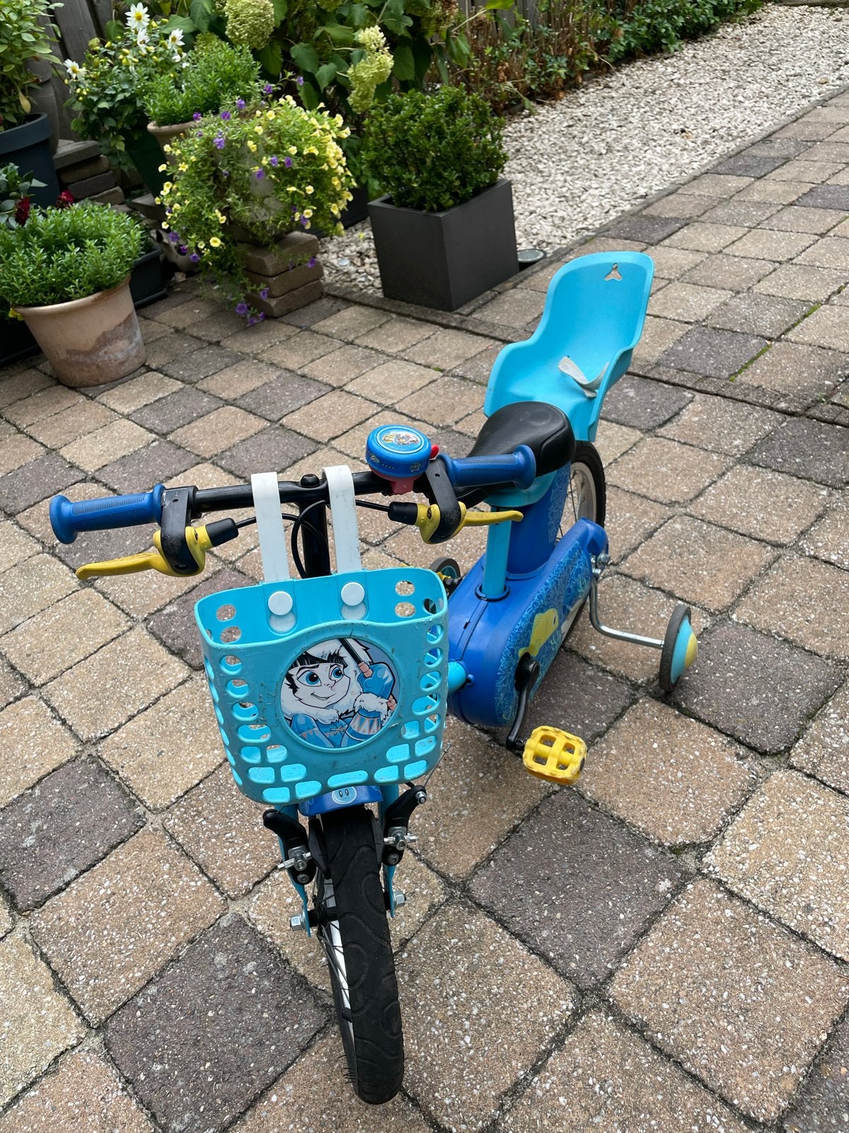 B'Twin kinderfiets 14 inch met zijwieltjes en zitje, Ophalen, Terugtraprem, Zijwieltjes, 16 tot 20 inch