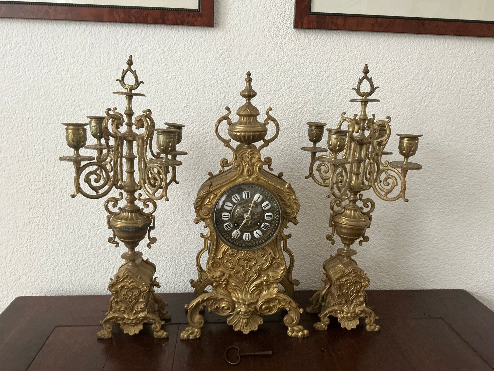 Antieke bronzen pendule met kandelaars, Antiek en Kunst, Ophalen