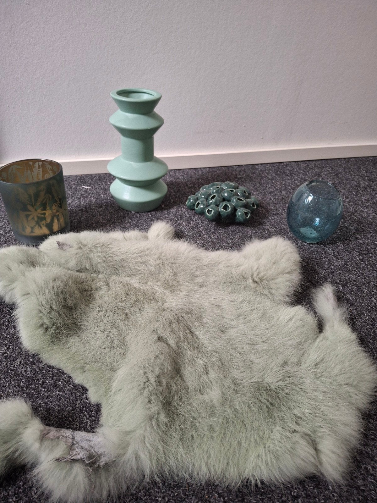 Decoratie set: waxinelichthouders, vaasje, beeldje, bontvel, Ophalen, Gebruikt, Groen, Glas