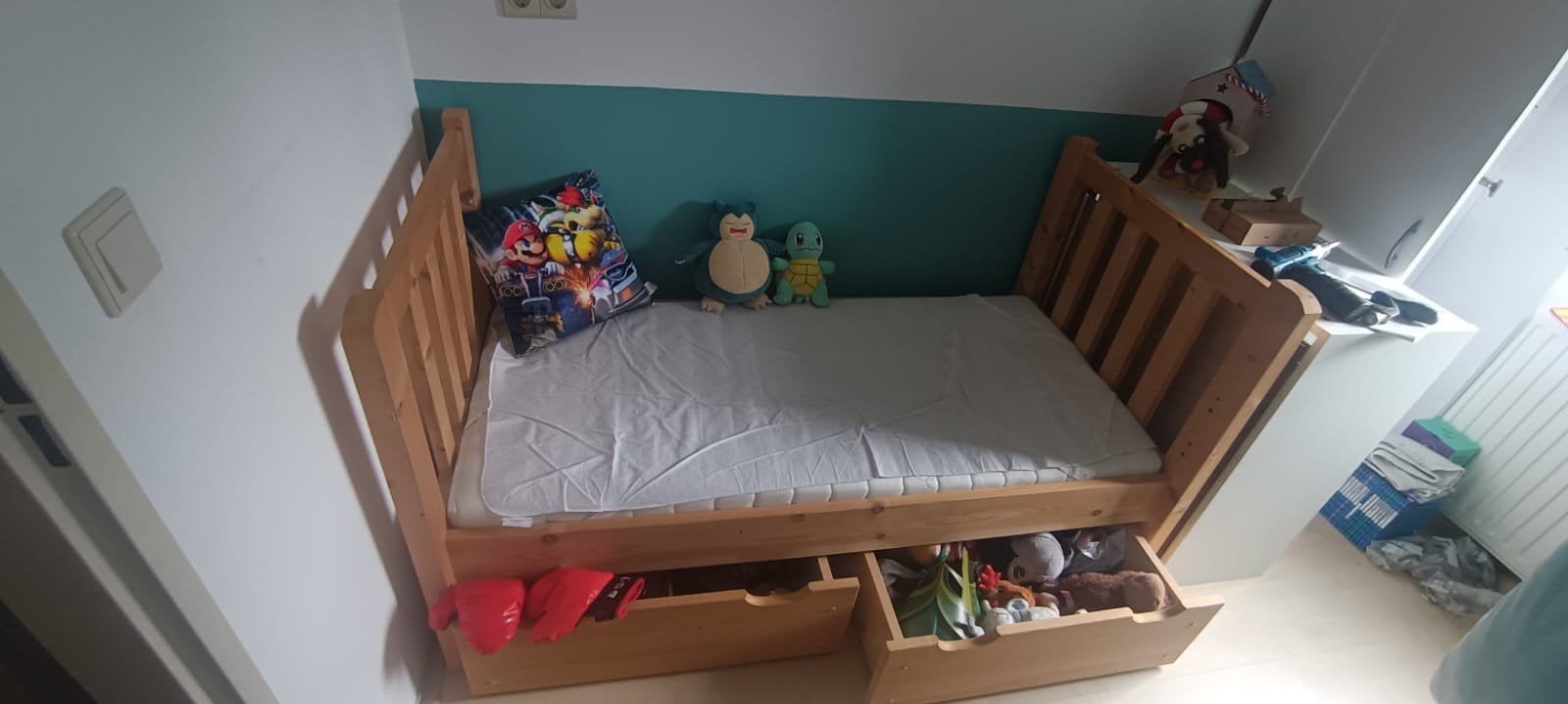 Kinderbed 160x80 met lades, matras en dekbedje, Ophalen, Scandinavië, Eenpersoons, Bruin
