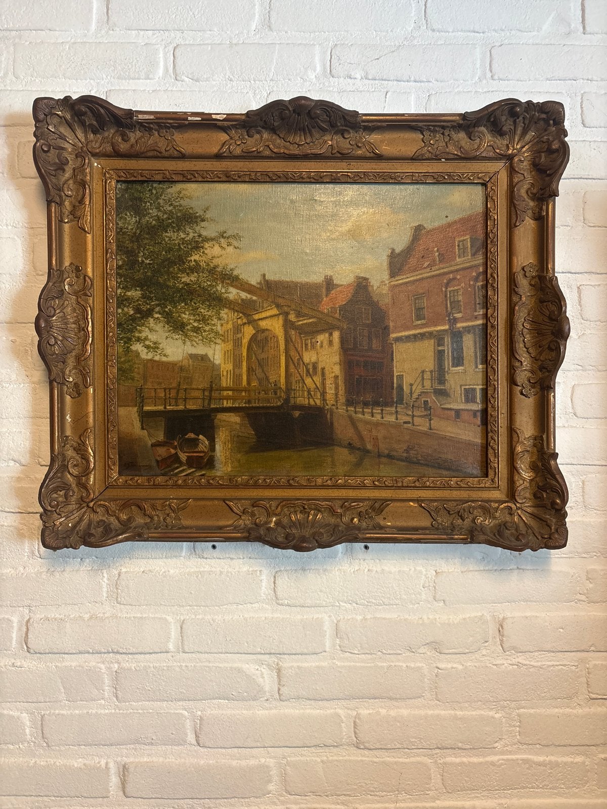 Olieverfschilderij van A.J. Timmermans - Stadsgezicht, Antiek en Kunst, Doek, Ophalen of Verzenden, Gesigneerd, Olieverf
