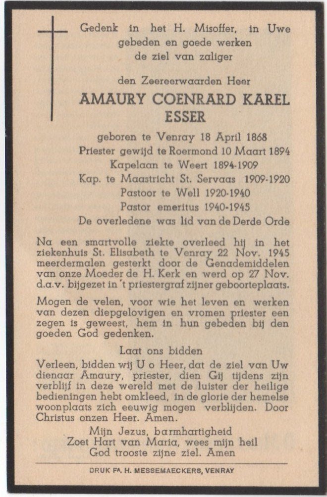 pastoor Amaury Esser 1868 Venray + 1945 Venray, 77 jaar oud, Ophalen of Verzenden