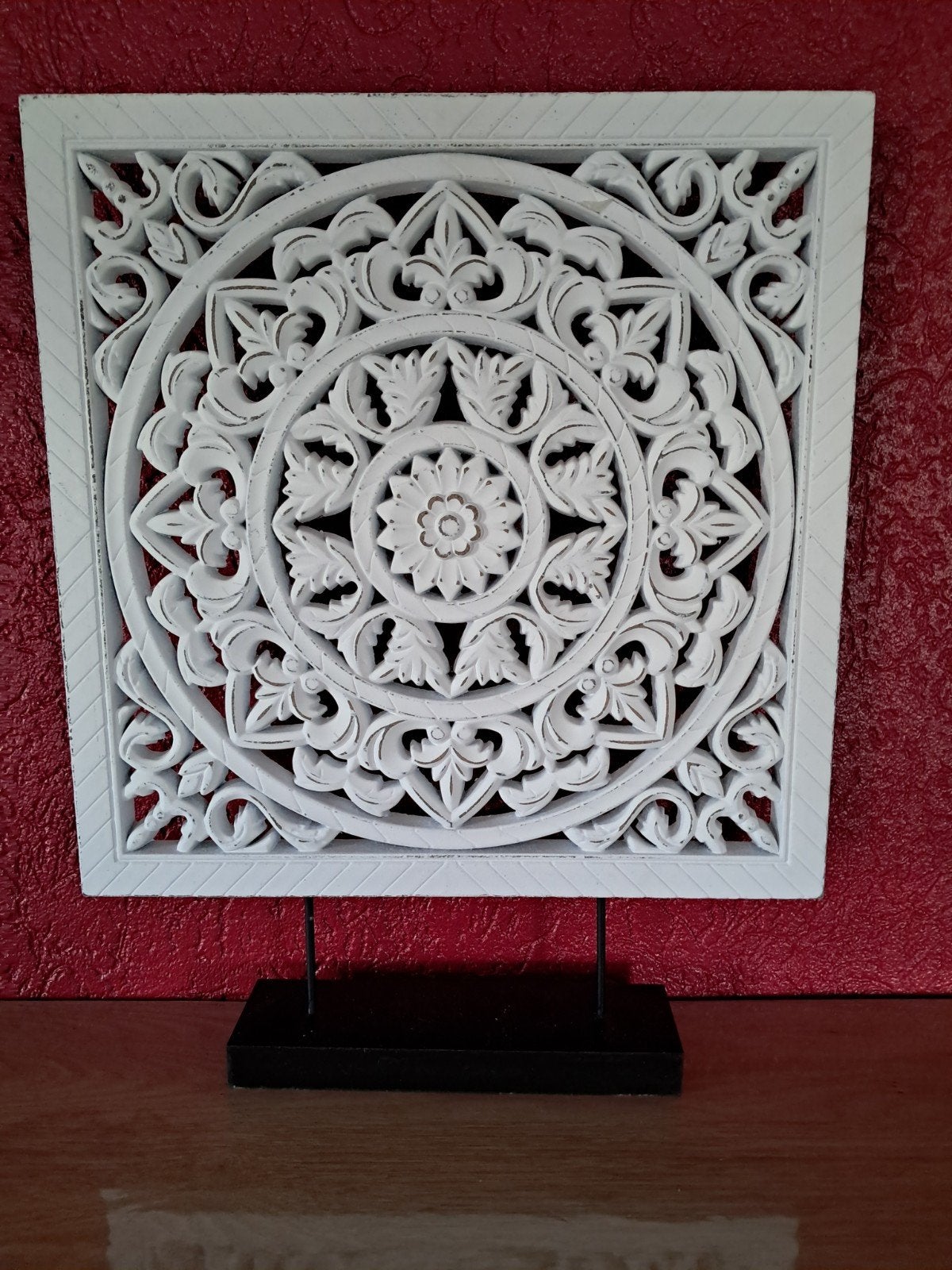 Staande, vierkante houten mandala-ornament., Ophalen of Verzenden, Zo goed als nieuw