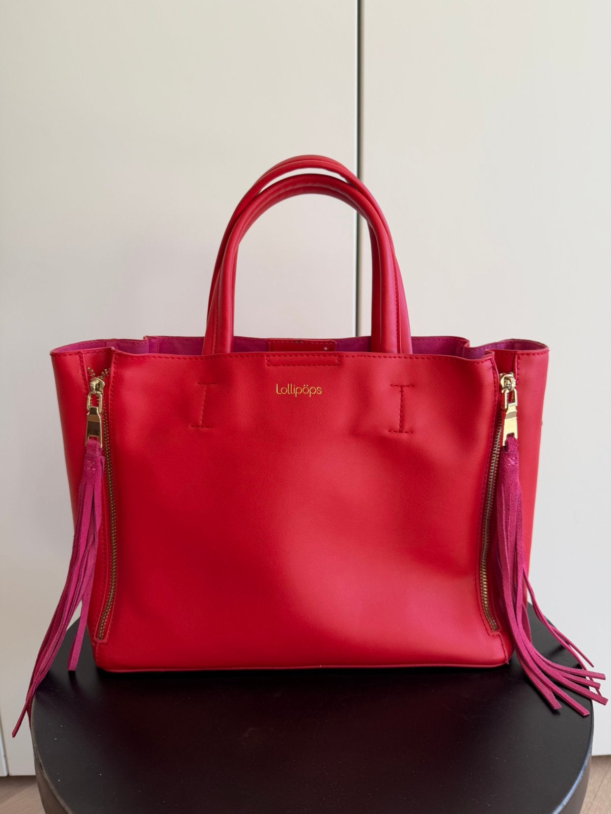 Lollipops rode tas met roze suède franjes, Ophalen of Verzenden, Zo goed als nieuw, Rood, Handtas