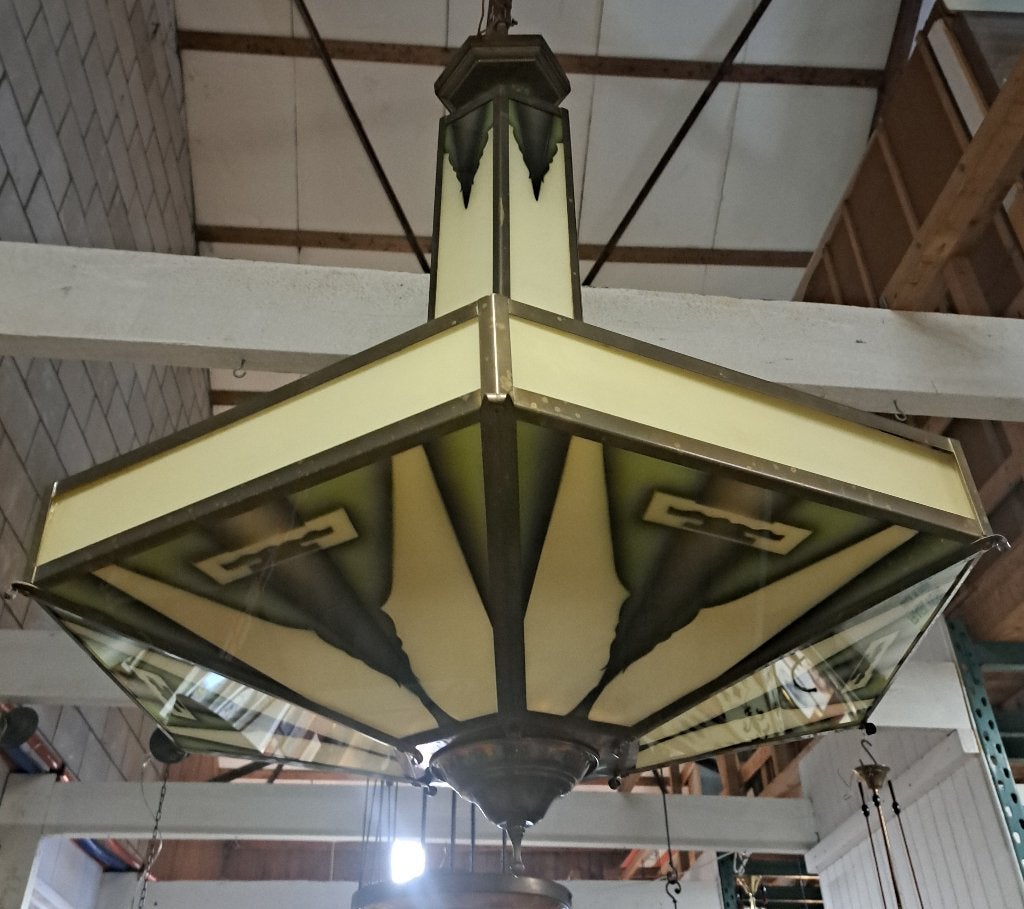 Erg mooie grote Art Deco hanglamp met prachtig gekleurd glas, Ophalen