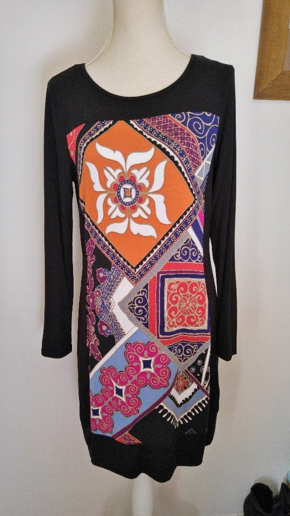 SUPER LEUKE zwarte jurk met trendy kleurenprint mt. M, Maat 38/40 (M), Meerkleurig, Yessica, Nieuw