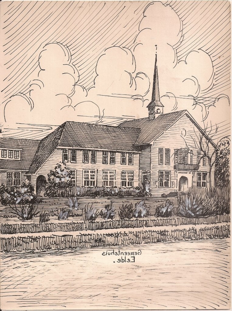 Eelde Gemeentehuis Tekening Sievers 1948, Antiek en Kunst, Kunst | Tekeningen en Foto's, Ophalen of Verzenden, Tekening, Pentekening