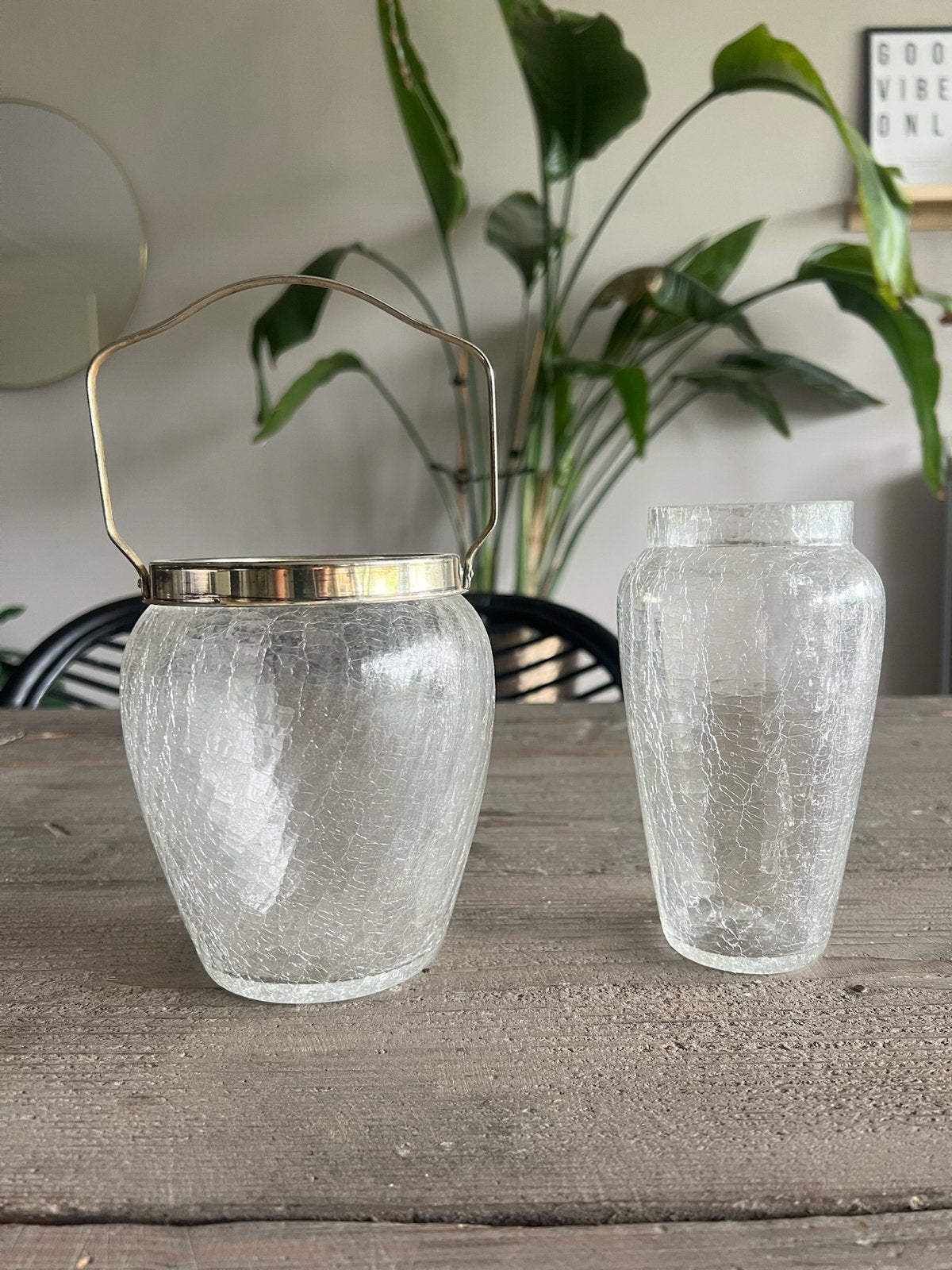 Set van 2 vintage craquelé glazen vazen/windlichten, Antiek en Kunst, Ophalen of Verzenden
