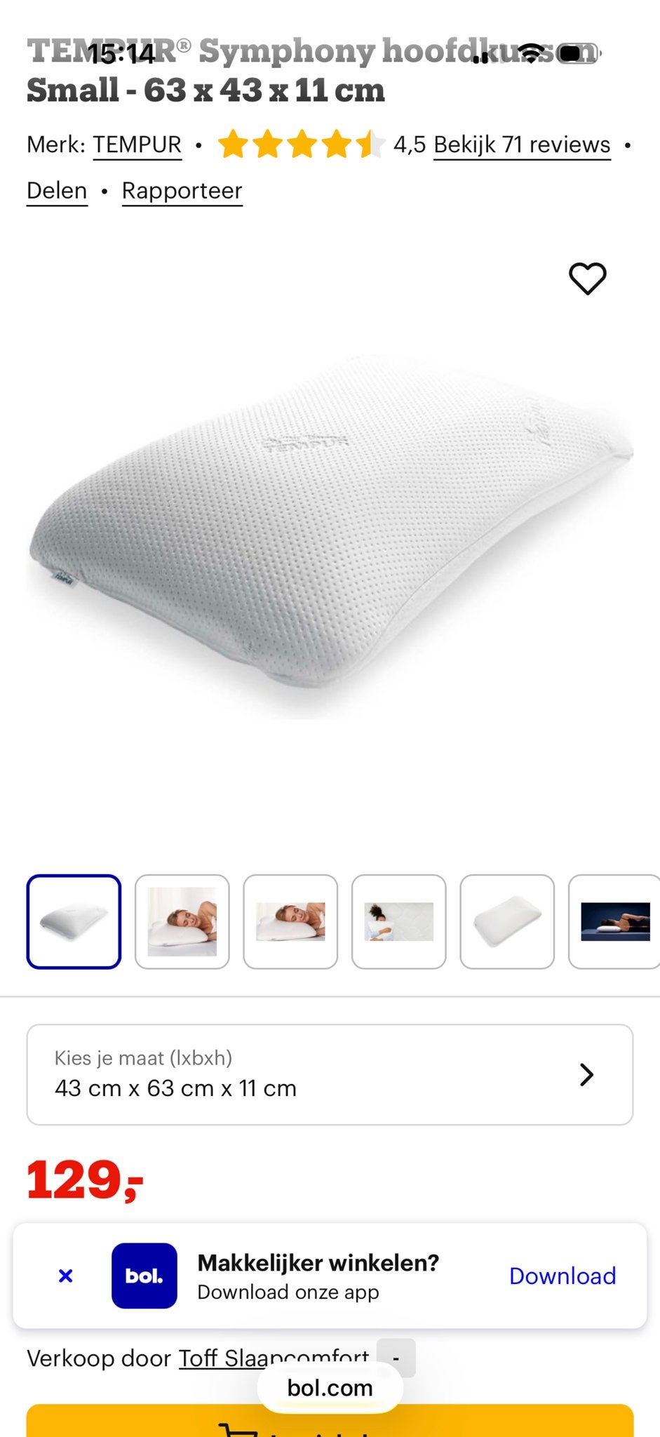 TEMPUR Symphony kussen Ergonomisch en comfortabel -50%, Eenpersoons, Wit, Nieuw, Ophalen of Verzenden