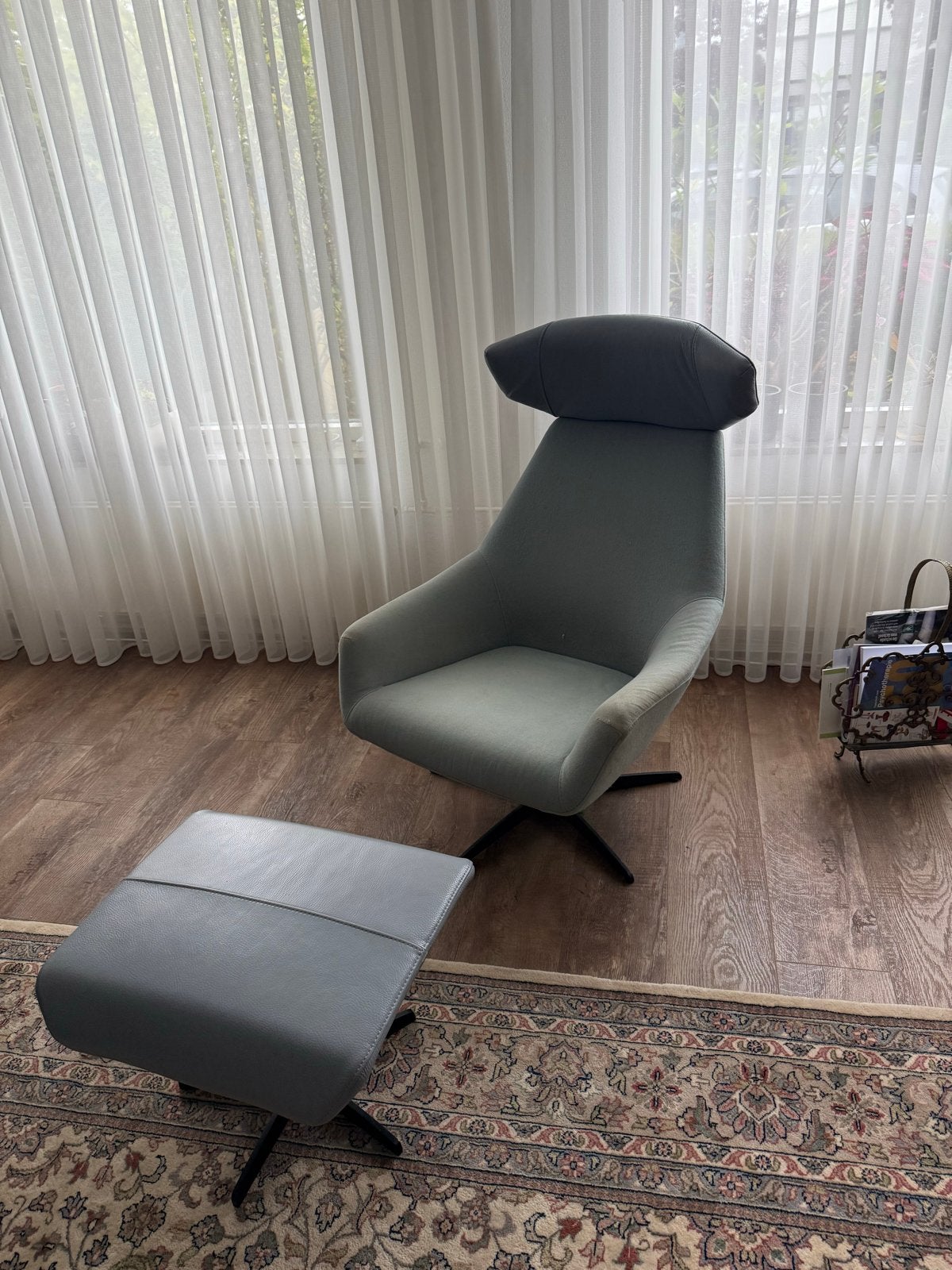 Topform fauteuil met voetenbank, Ophalen, Gebruikt, Blauw, Leer
