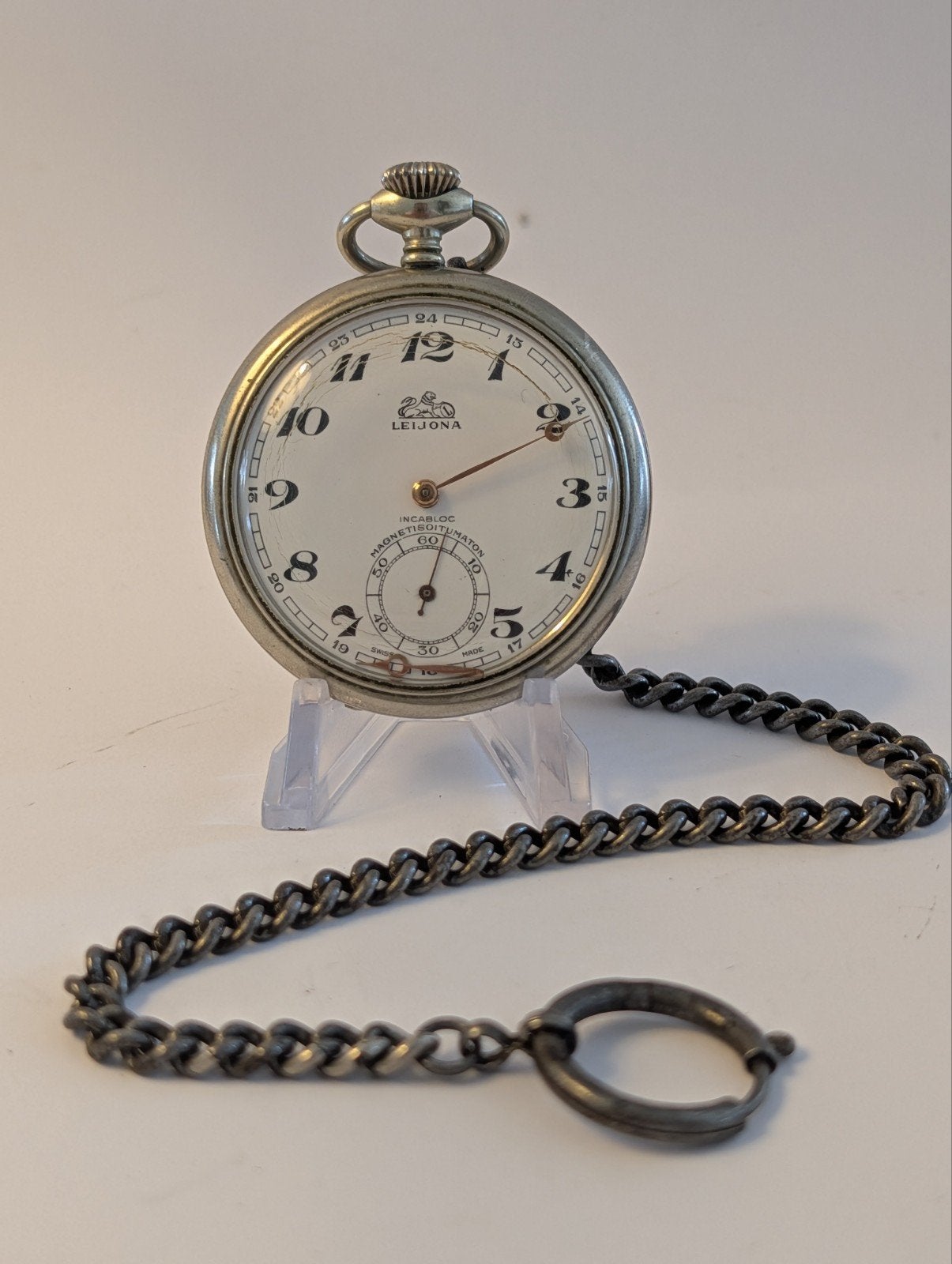 Antiek zilverkleurig Fins zakhorloge Leijona, Ophalen of Verzenden, Zilver, Overige typen