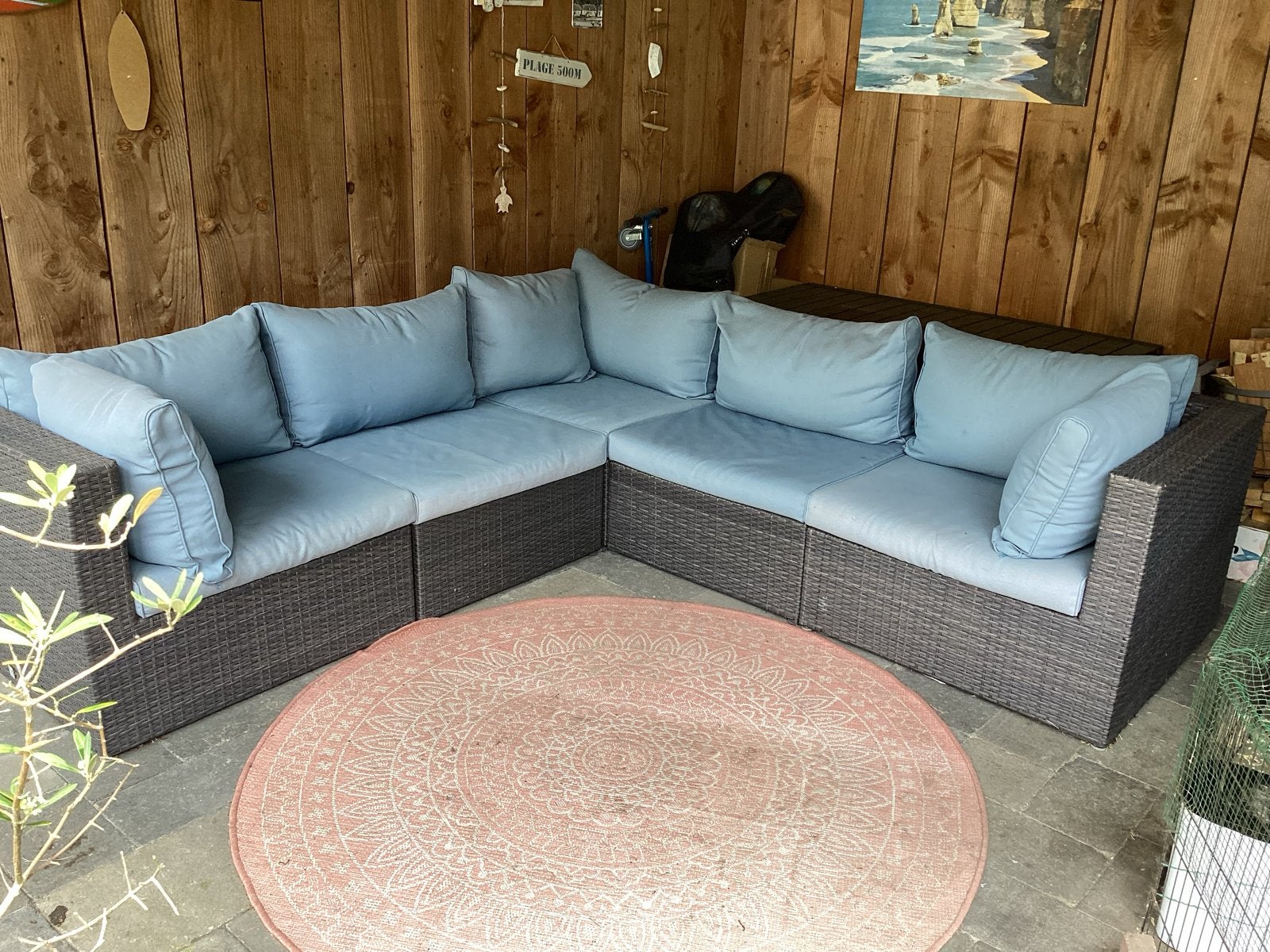 Wicker Loungebank met Kussens - Hoekbank le Sud, Tuin en Terras, Tuinsets en Loungesets, Ophalen, 5 zitplaatsen, Gebruikt, Loungeset