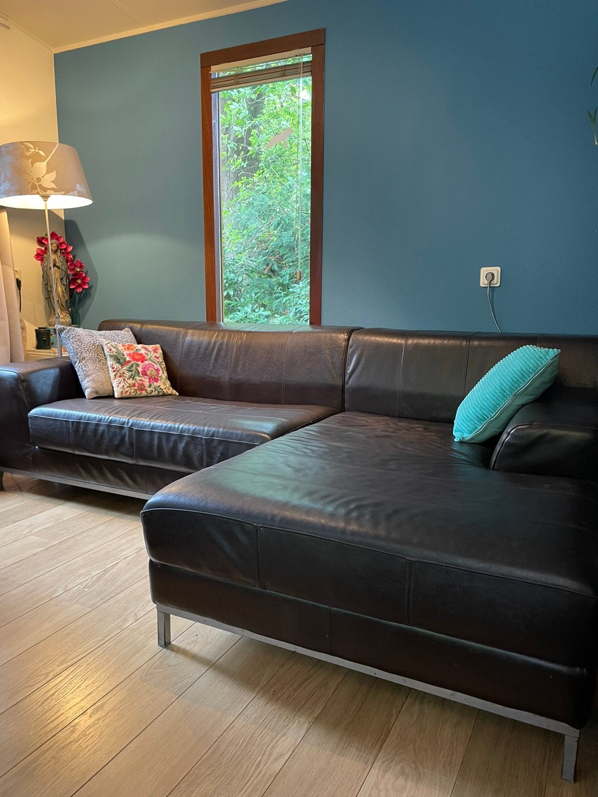 IKEA KARLSTAD hoekbank met chaise longue – echt leer, Ophalen, Zo goed als nieuw, Leer