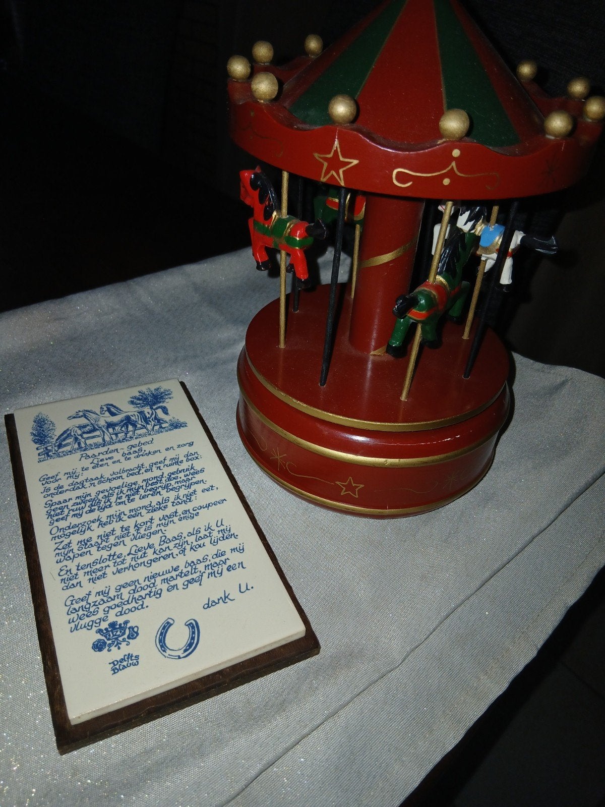 Vintage  set Tegel+Houten Muziekdoos Carrousel met Paardjes, Ophalen of Verzenden