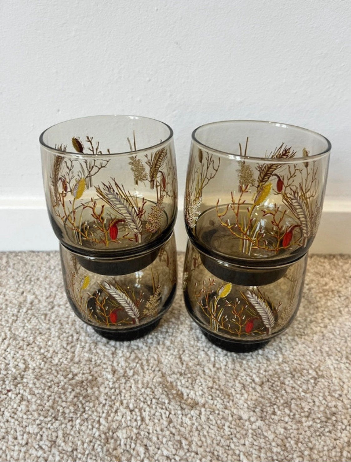 Set van 4 vintage glaasjes, 7x6,5cm. Bloem 60s 70s rookglas, Verzenden, Gebruikt, Waterglas