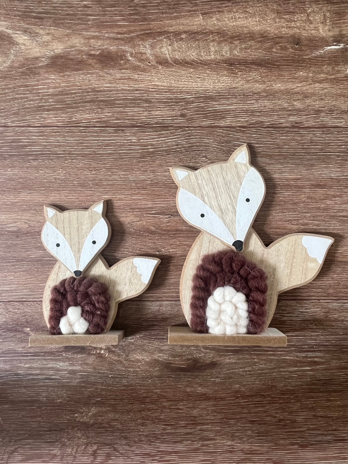 Houten vossen set (2 stuks) met zachte wollen details, Ophalen of Verzenden, Zo goed als nieuw