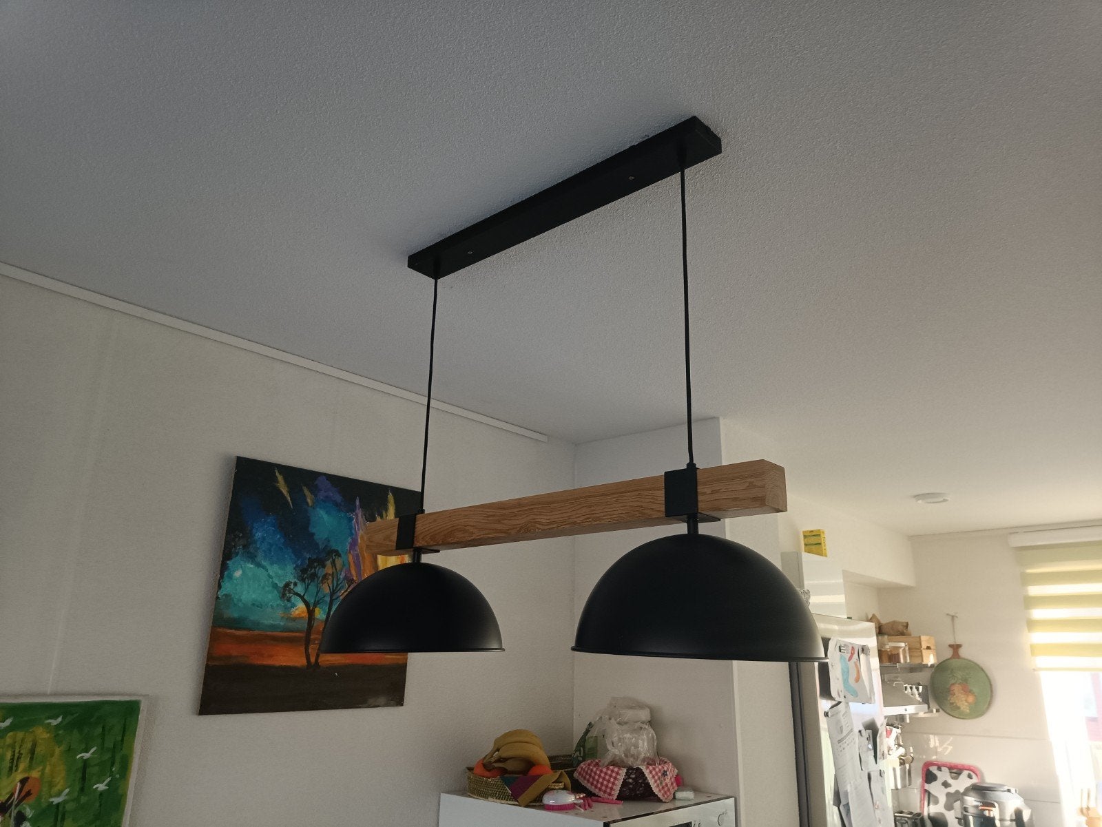 Hanglamp met 2 kappen en houten balk, Ophalen, Industrieel, Modern, Scandinavisch, E27 (groot), Zo goed als nieuw