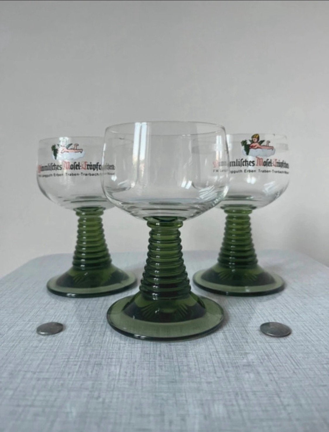 Set van 3 vintage moezel glazen, 11x6,5cm. Wijn boho retro, Verzenden, Gebruikt, Overige typen