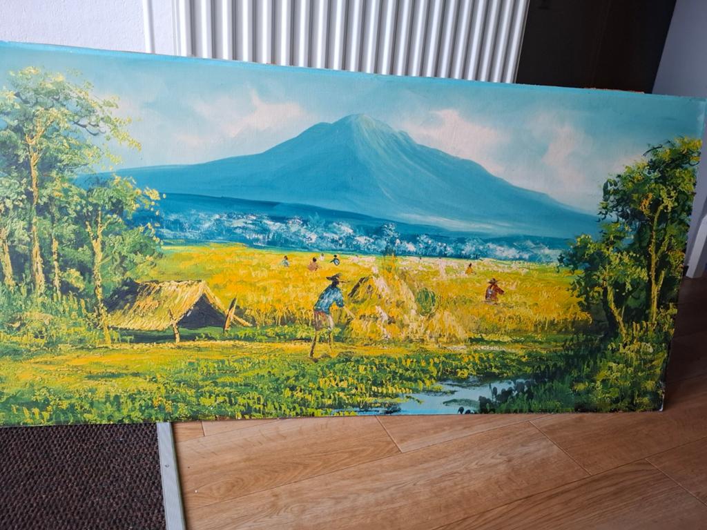 Olieverfschilderij rijstvelden, Antiek en Kunst, Kunst | Schilderijen | Klassiek, Ophalen of Verzenden