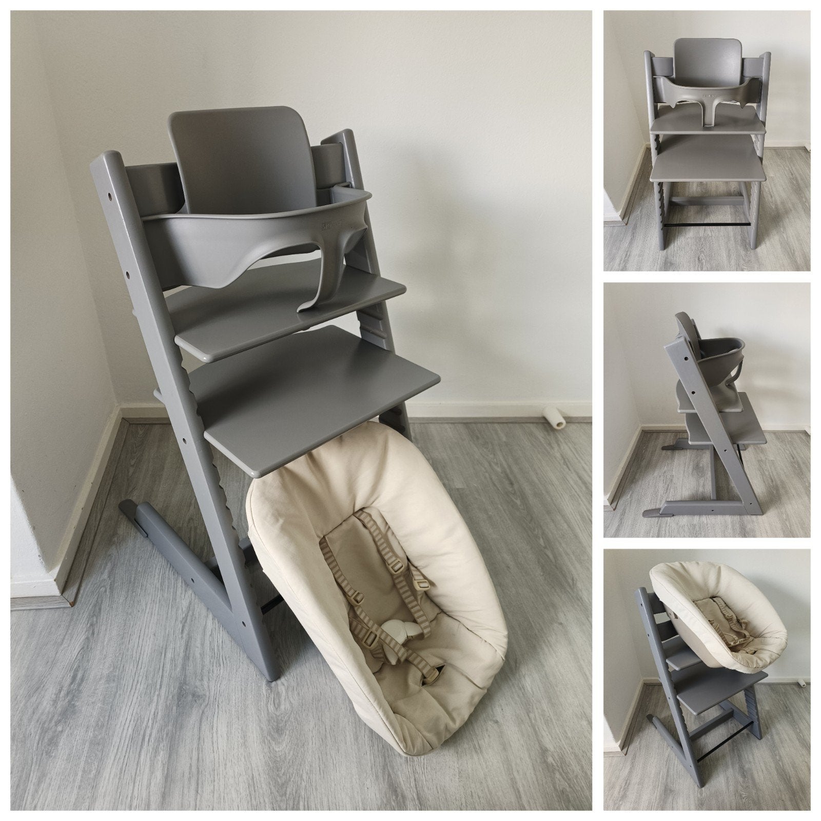 ZGAN! Stokke Tripp Trapp storm grey met babyset, newbornset, Meegroeistoel, Ophalen of Verzenden, Zo goed als nieuw, X
