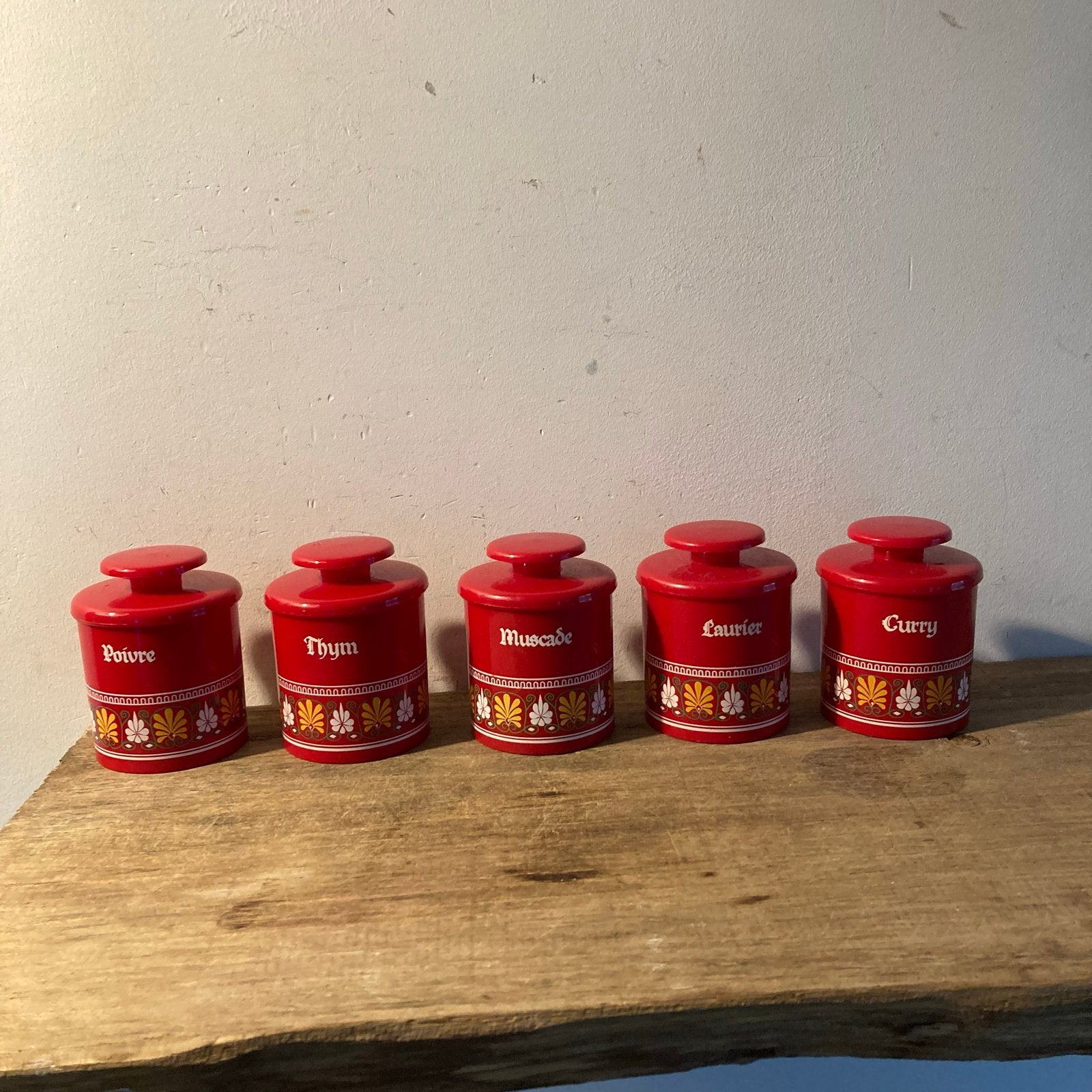 Set van 5 vintage rode kruiden bewaar bakjes jaren 60/70, Ophalen of Verzenden