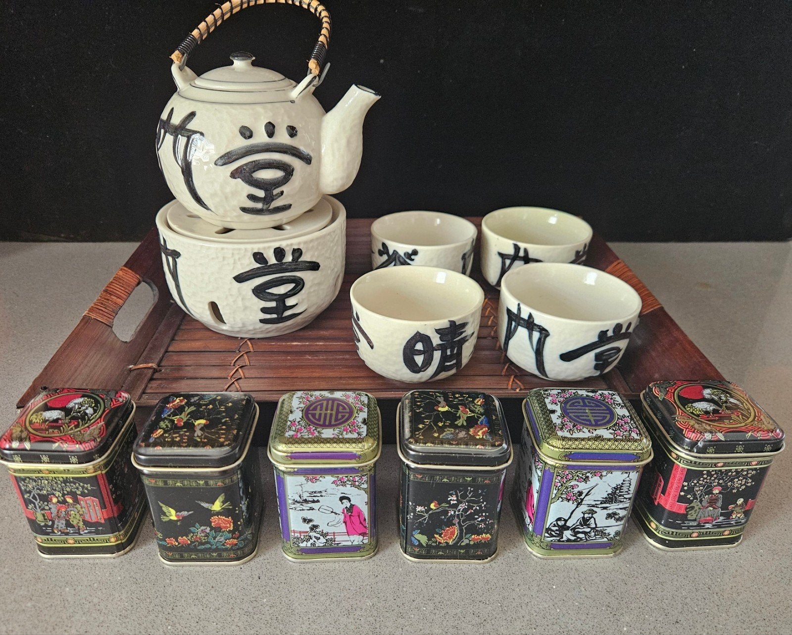 Vintage thee-koffie servies Japanse style compleet met thee, Keramiek, Vintage, Ophalen of Verzenden, Zo goed als nieuw