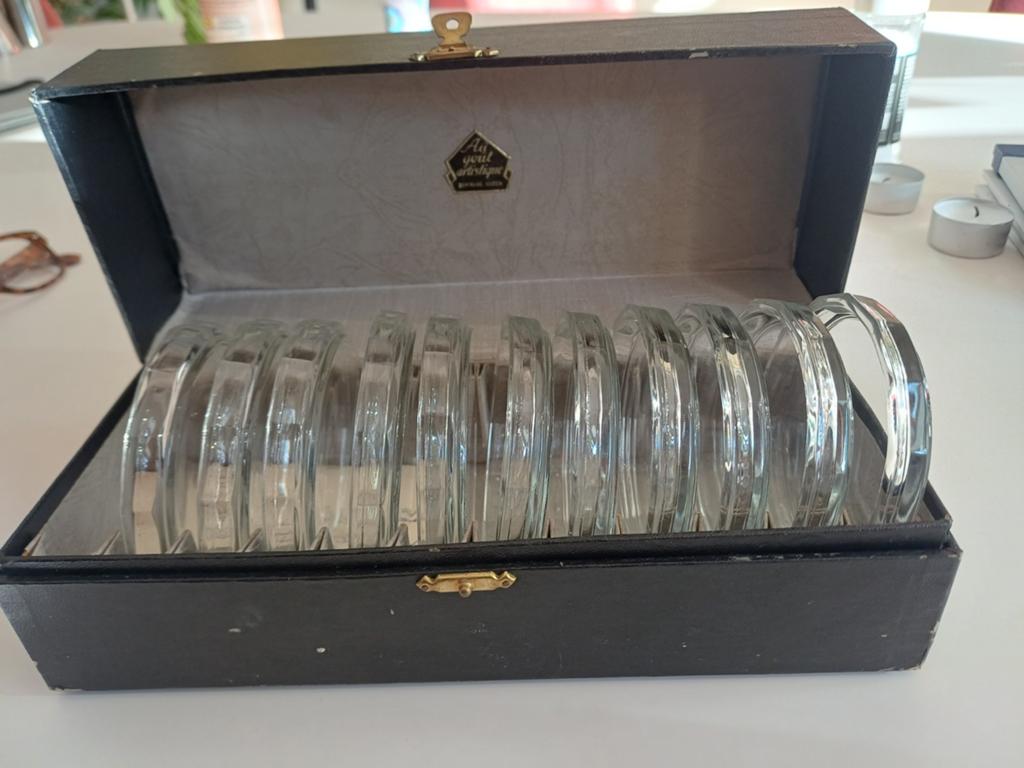 Art deco glazen onderzetters in originele doos, Antiek en Kunst, Ophalen of Verzenden