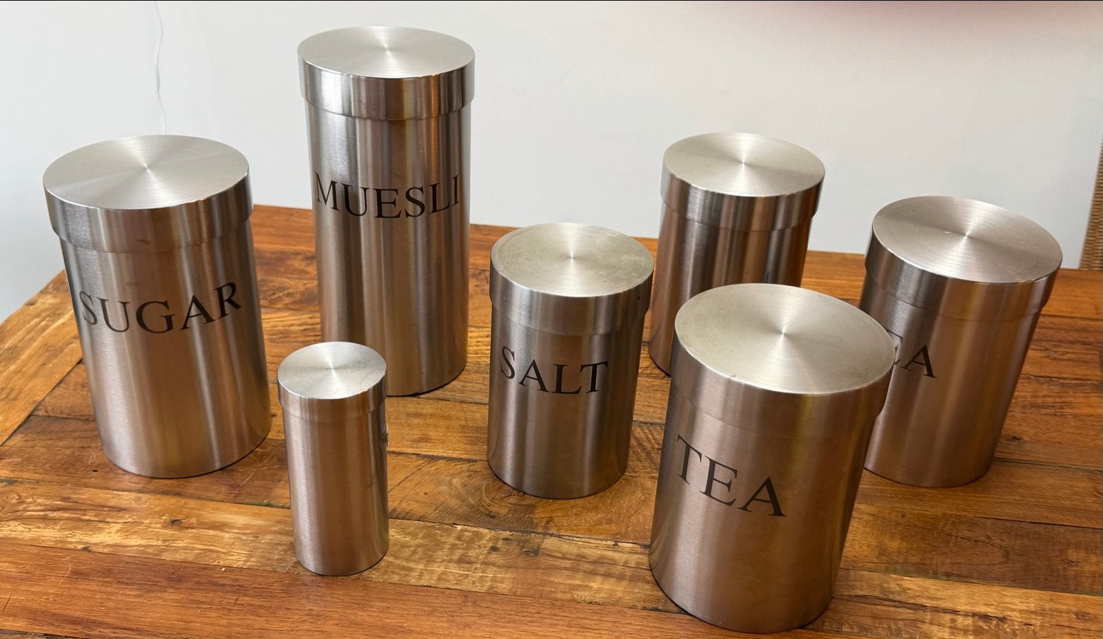 ZACK RVS Voorraadpotten Set - Sugar, Muesli, Salt, Tea, Huis en Inrichting, Ophalen, Zilver, Zo goed als nieuw, Voorraadpot