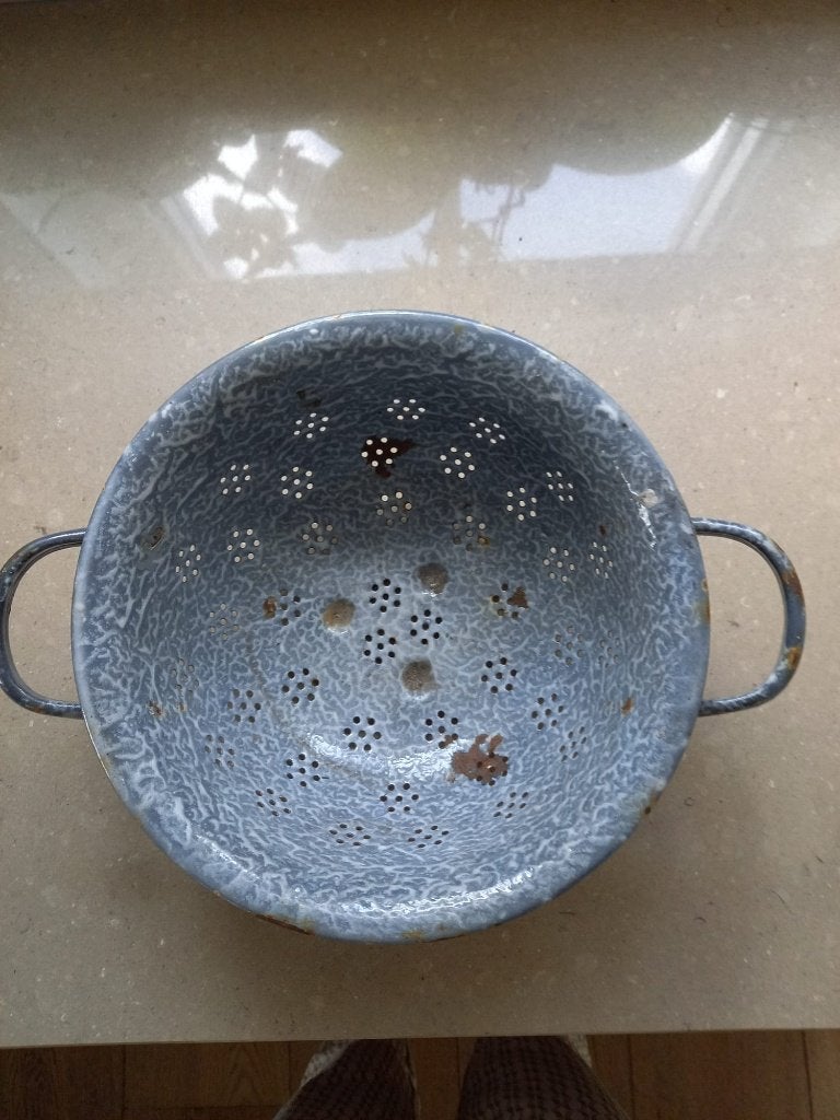 Emaille grijze vergiet - vintage - keukengerei, Ophalen of Verzenden