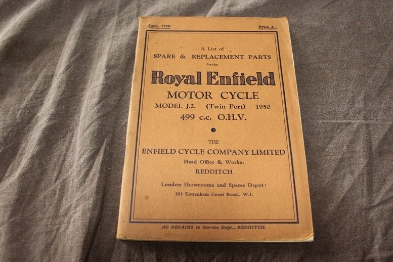 Royal Enfield model J2 499cc OHV 1950 motorcycle parts list, Motoren, Ophalen of Verzenden, Overige merken
