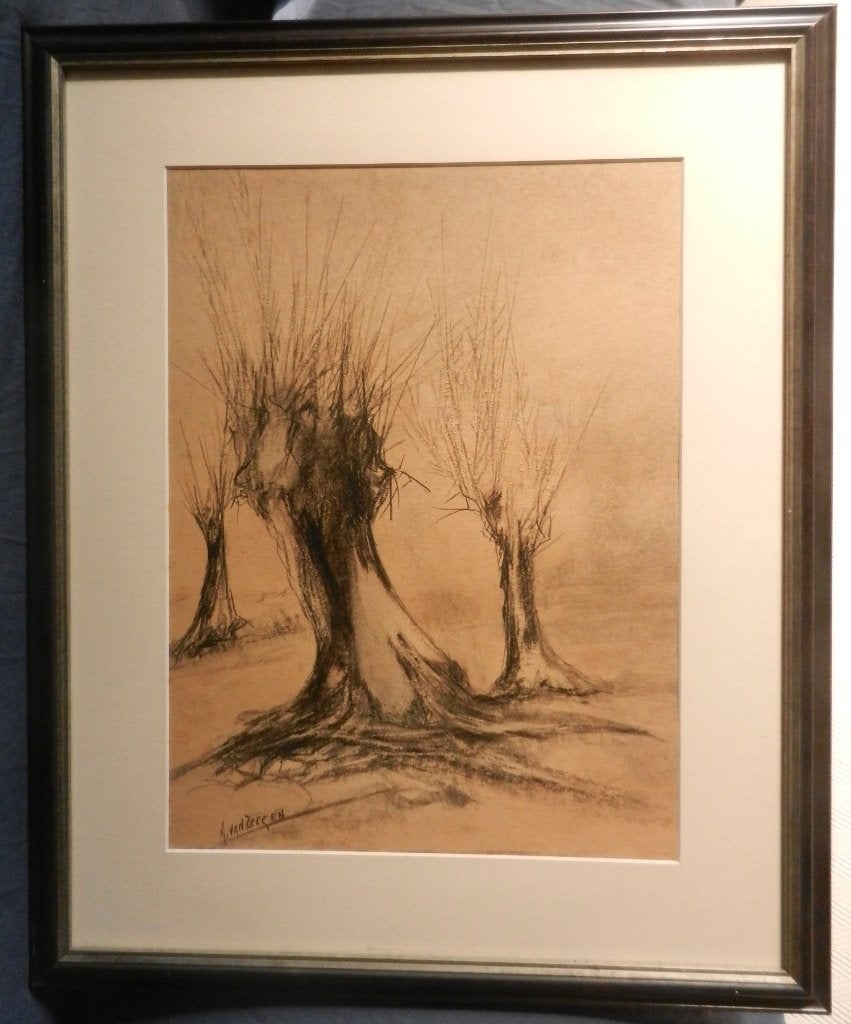 Krijttekening Drie Knotwilgen Janus van Zeegen (1881-1966), Antiek en Kunst, Kunst | Tekeningen en Foto's, Ophalen of Verzenden