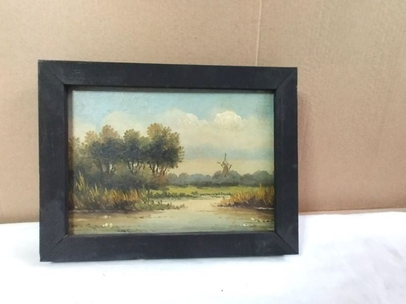 Mini-Schilderij moeraslandschap met molen, Paneel, Ophalen of Verzenden, Origineel werk, Landschap