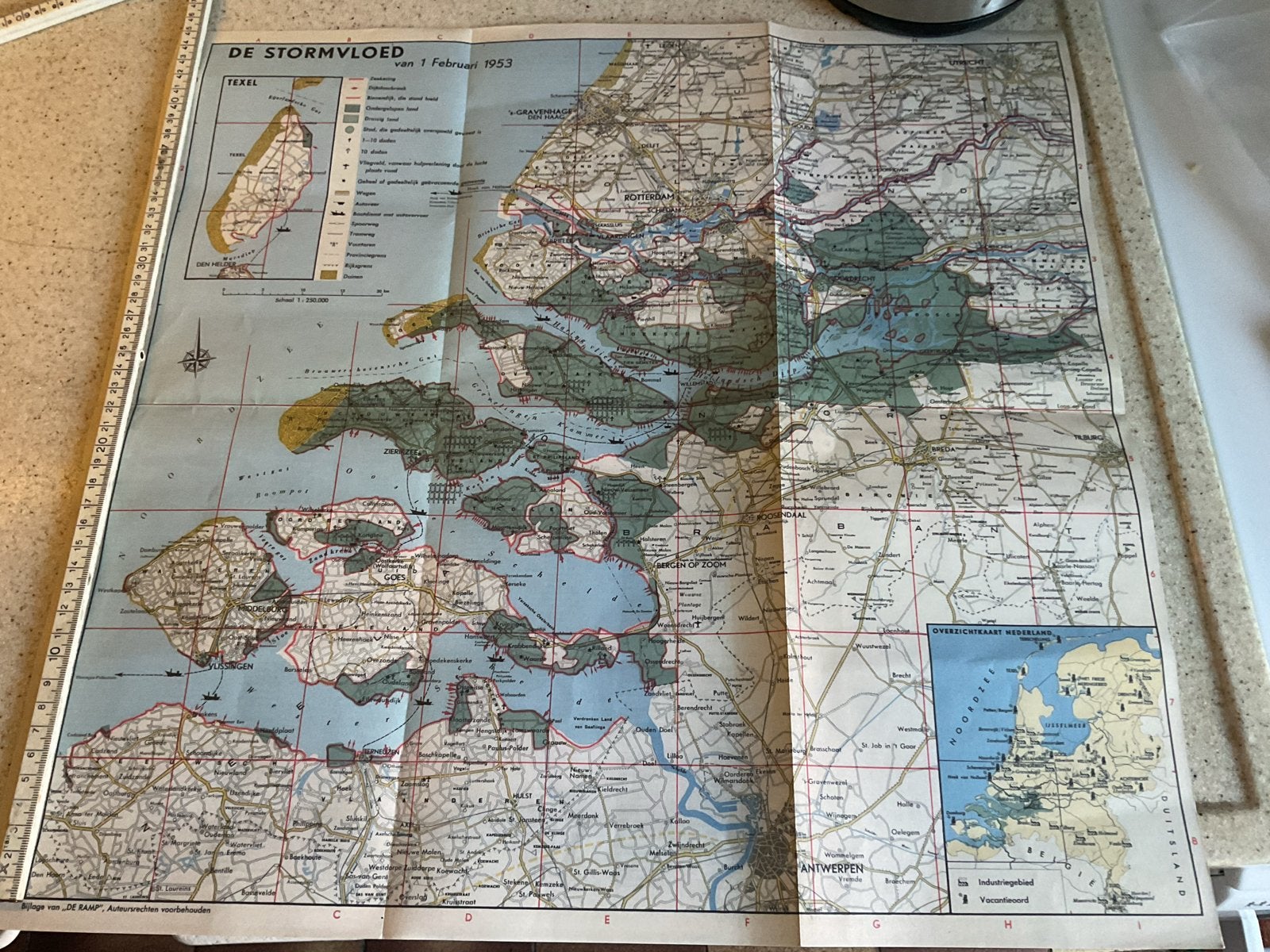 Historische kaart: De Stormvloed van 1 februari 1953, Gelezen, Ophalen of Verzenden, Landkaart, 1800 tot 2000