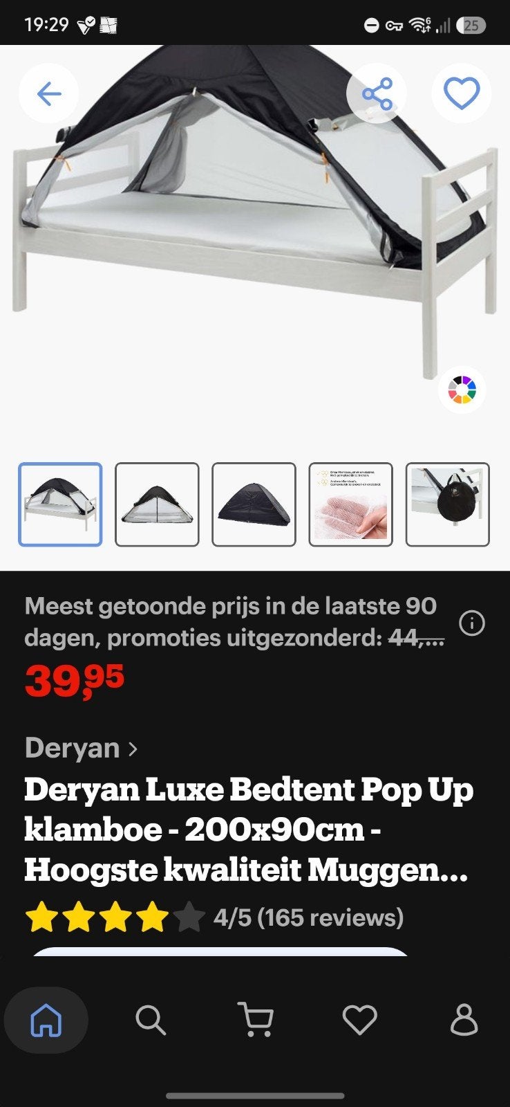 Deryan Luxe Pop-Up Bedtent Klamboe 200x90 Zwart, Ophalen, Tot en met 2