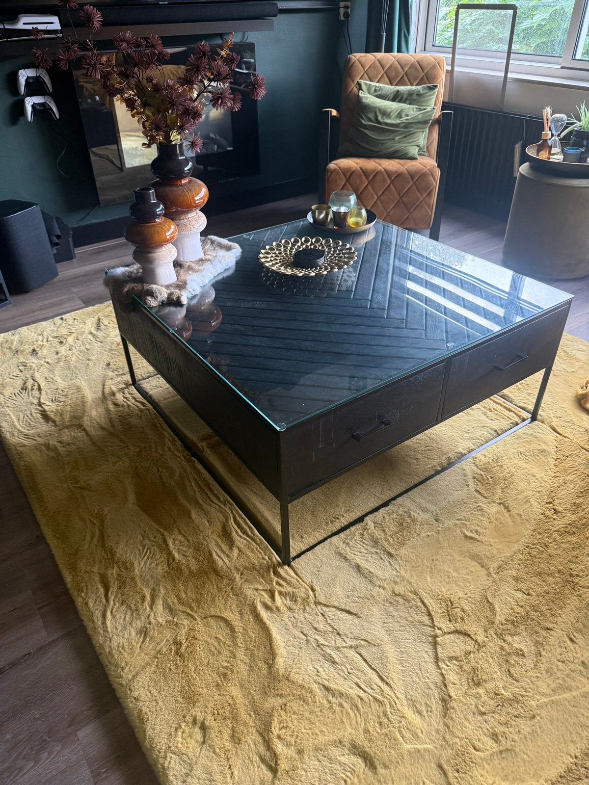 Salontafel met glazen blad en lades, Huis en Inrichting, Ophalen, Gebruikt, 100 tot 150 cm, Vierkant