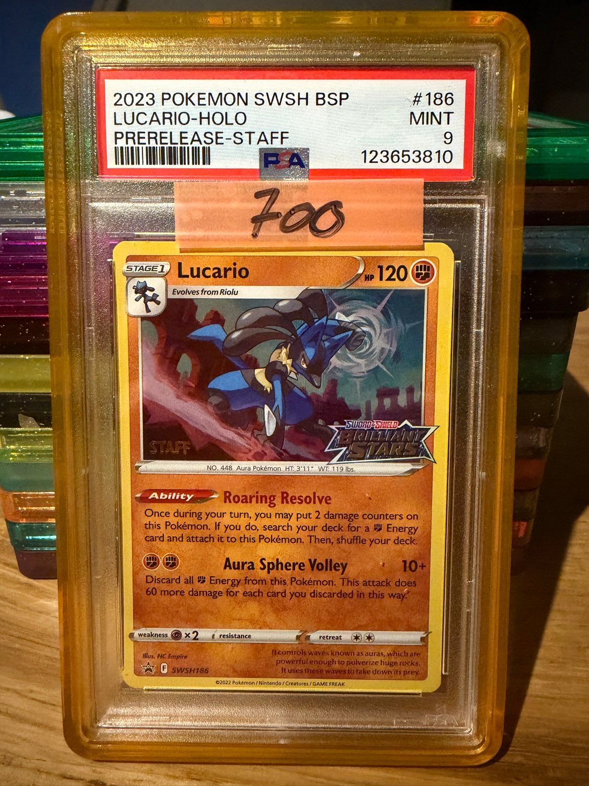 Lucario Holo Prerelease Staff PSA 9 Pokémon Kaart, Hobby en Vrije tijd, Verzamelkaartspellen | Pokémon, Ophalen of Verzenden, Zo goed als nieuw
