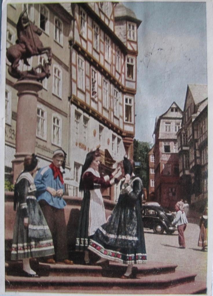 klederdrachtgroep uit Marburg - Oberhessen - 1959, Verzenden, 1940 tot 1960, Gelopen, Klederdracht
