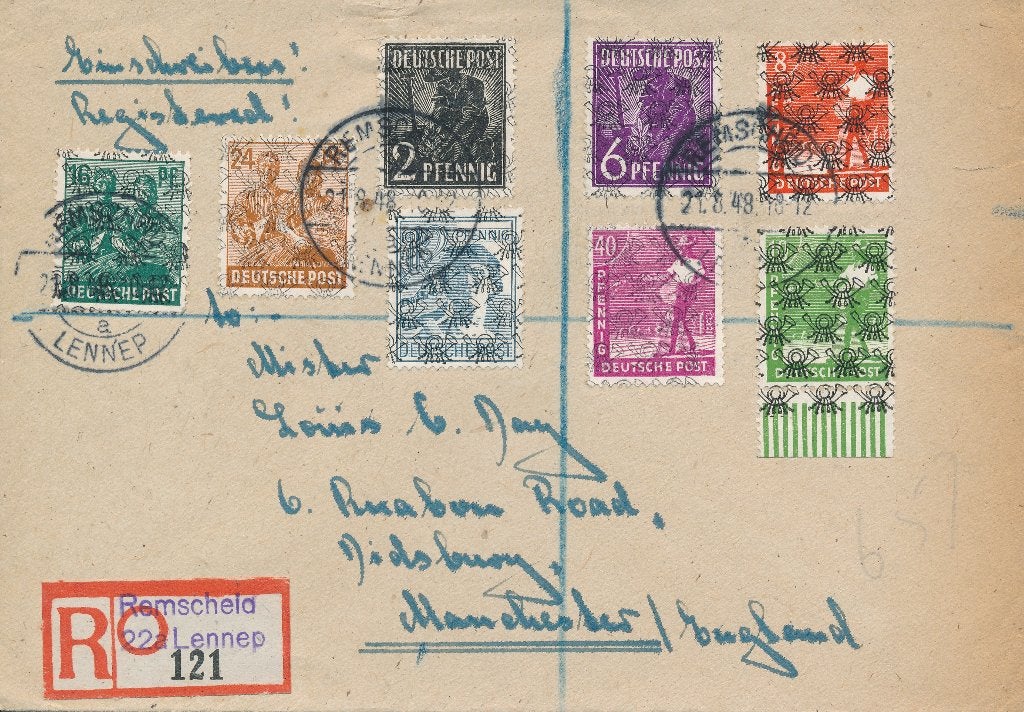 BIZONE. R-Brief naar Engeland 21.8.48, zegels met netopdruk, Ophalen of Verzenden, BRD, Gestempeld