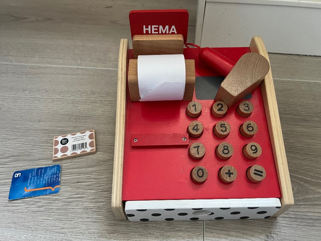 HEMA houten speelgoedkassa met geld en pasjes, Ophalen, Gebruikt