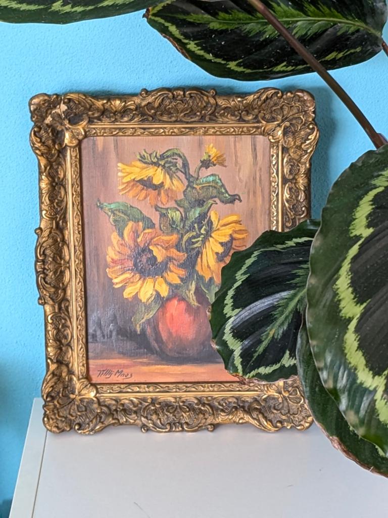 Vintage schilderij Tilly Moes: Zonnebloemen, Ophalen of Verzenden